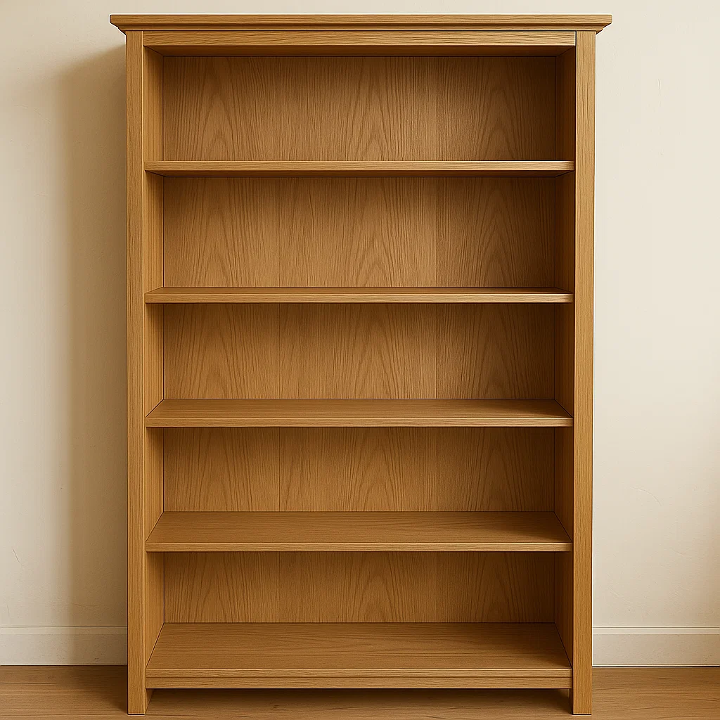 Empty wooden bookshelf with multiple shelves ready for cleaning and organizing.