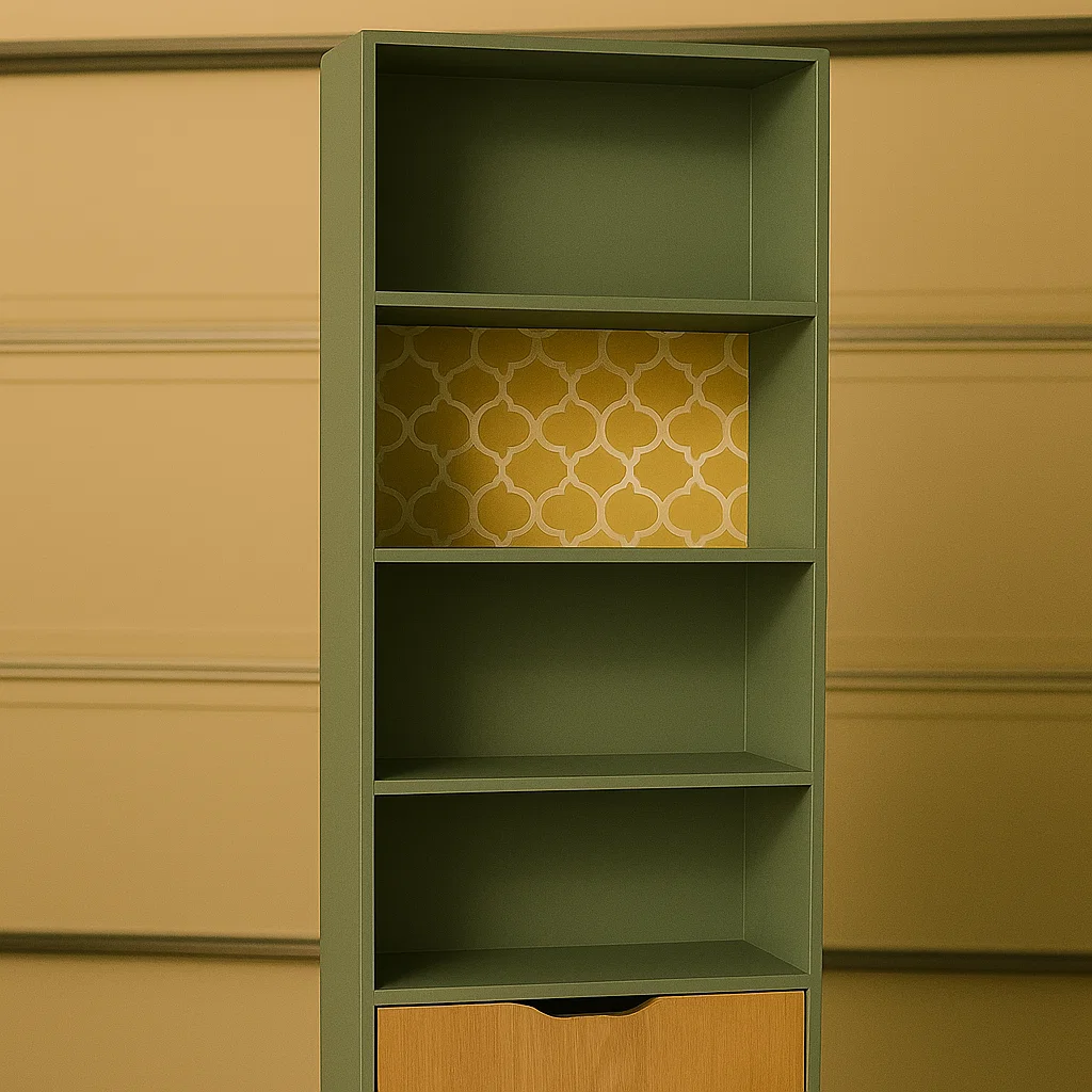 Green painted bookshelf with patterned yellow back panel for decorative accent.