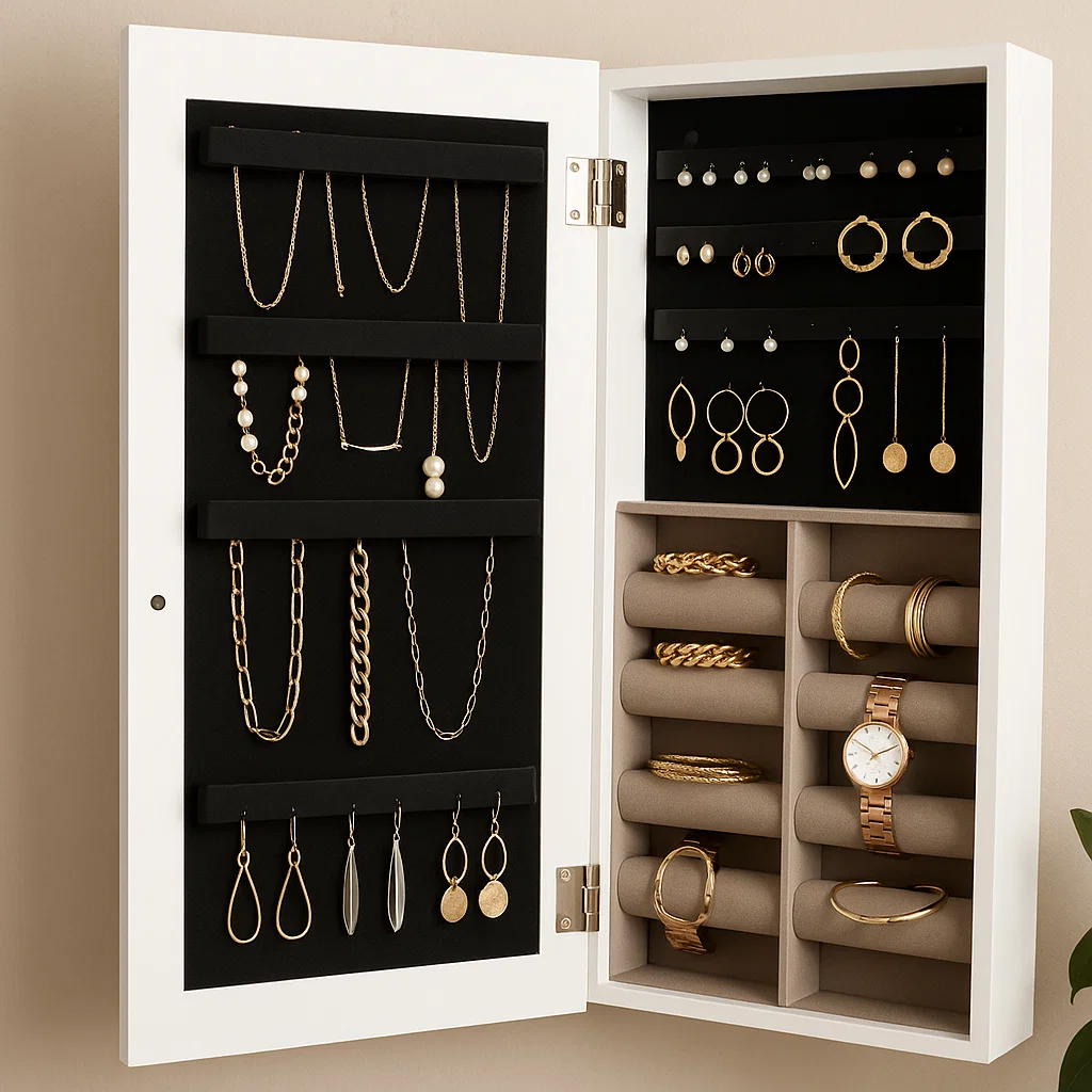 Wall-mounted jewelry armoire with organized earrings, necklaces, bracelets, and watches displayed on black interior.