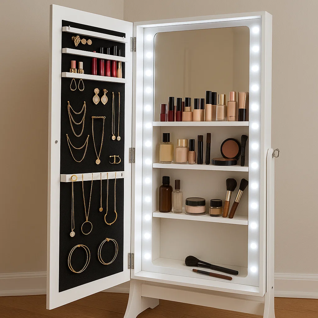 White lighted jewelry armoire with mirror, holding necklaces, makeup, brushes, and cosmetics neatly displayed.