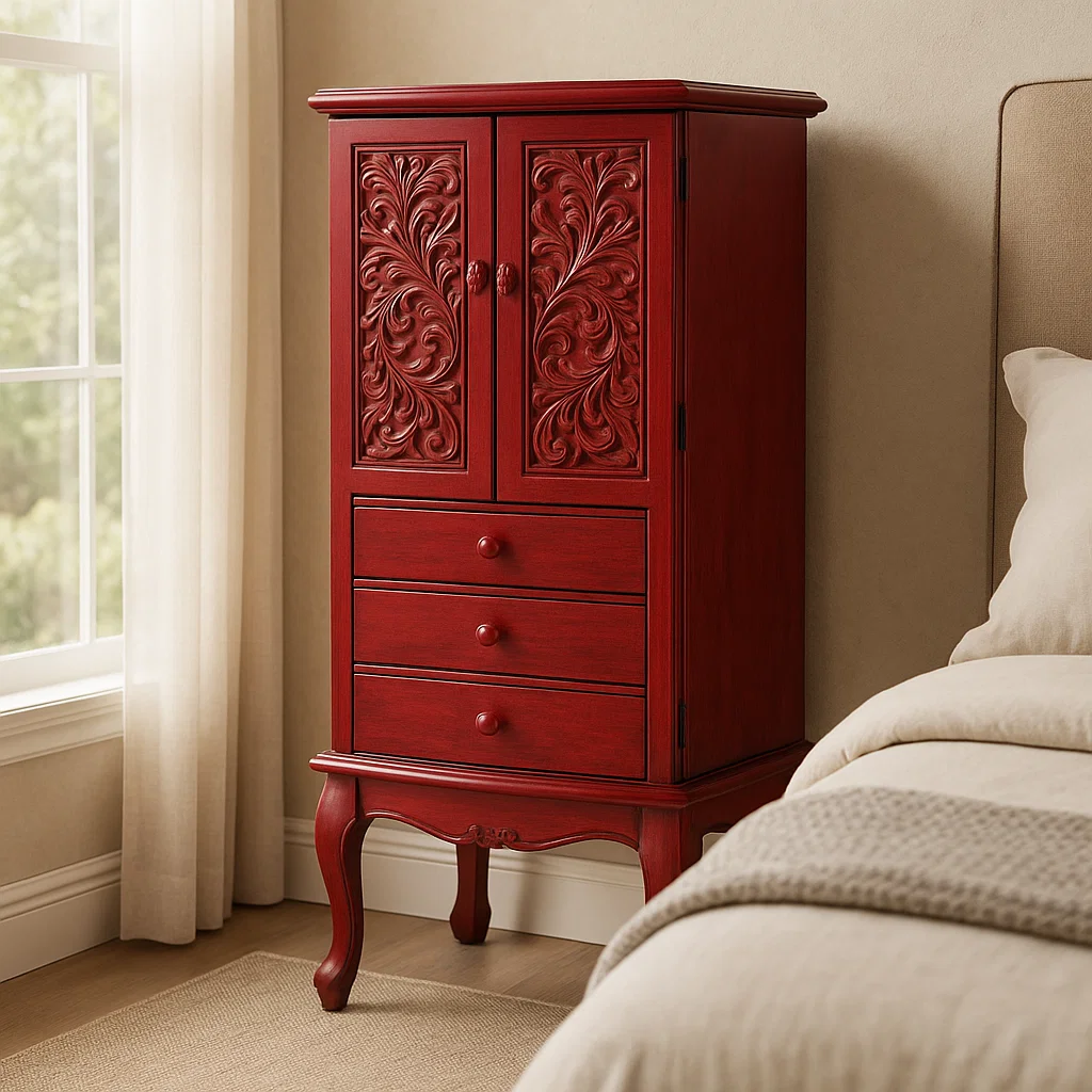 Red carved wooden jewelry armoire with ornate design and drawers, standing beside bed in elegant room.