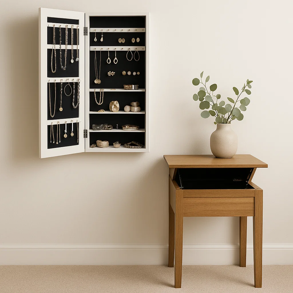 White wall-mounted jewelry armoire open, holding earrings, necklaces, and accessories beside wooden side table.