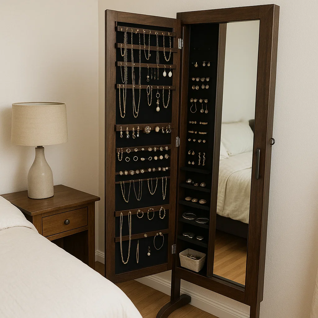 Dark brown mirrored jewelry armoire open, filled with jewelry and accessories, placed beside bed.