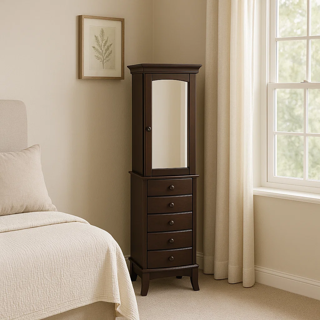 Dark brown jewelry armoire with mirrored door and drawers, placed beside bed in cozy bedroom.