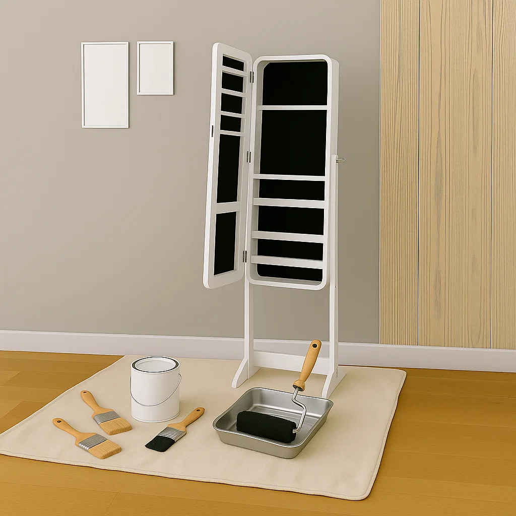 Painting tools including paint roller, brushes, and paint can arranged on drop cloth beside armoire.