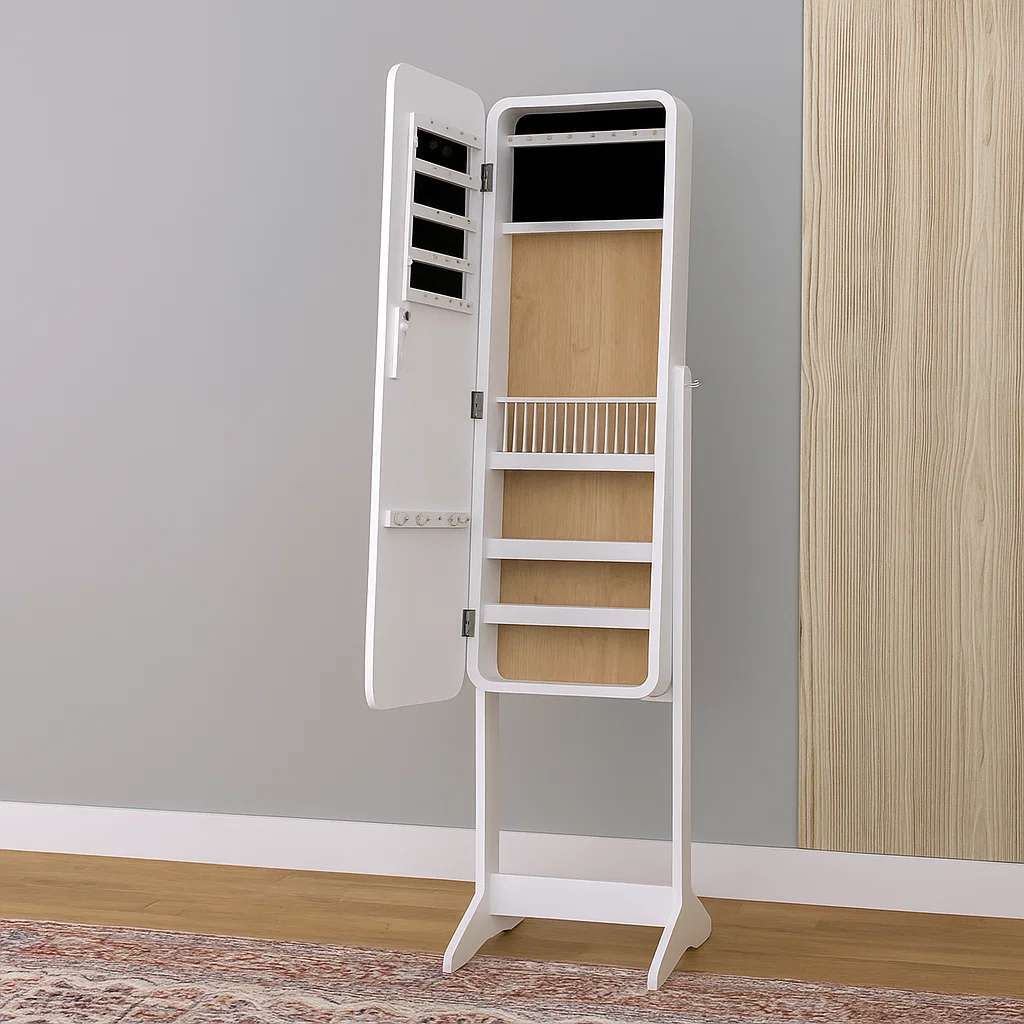 Woman sanding jewelry armoire interior shelves with sandpaper before painting, preparing smooth surface.