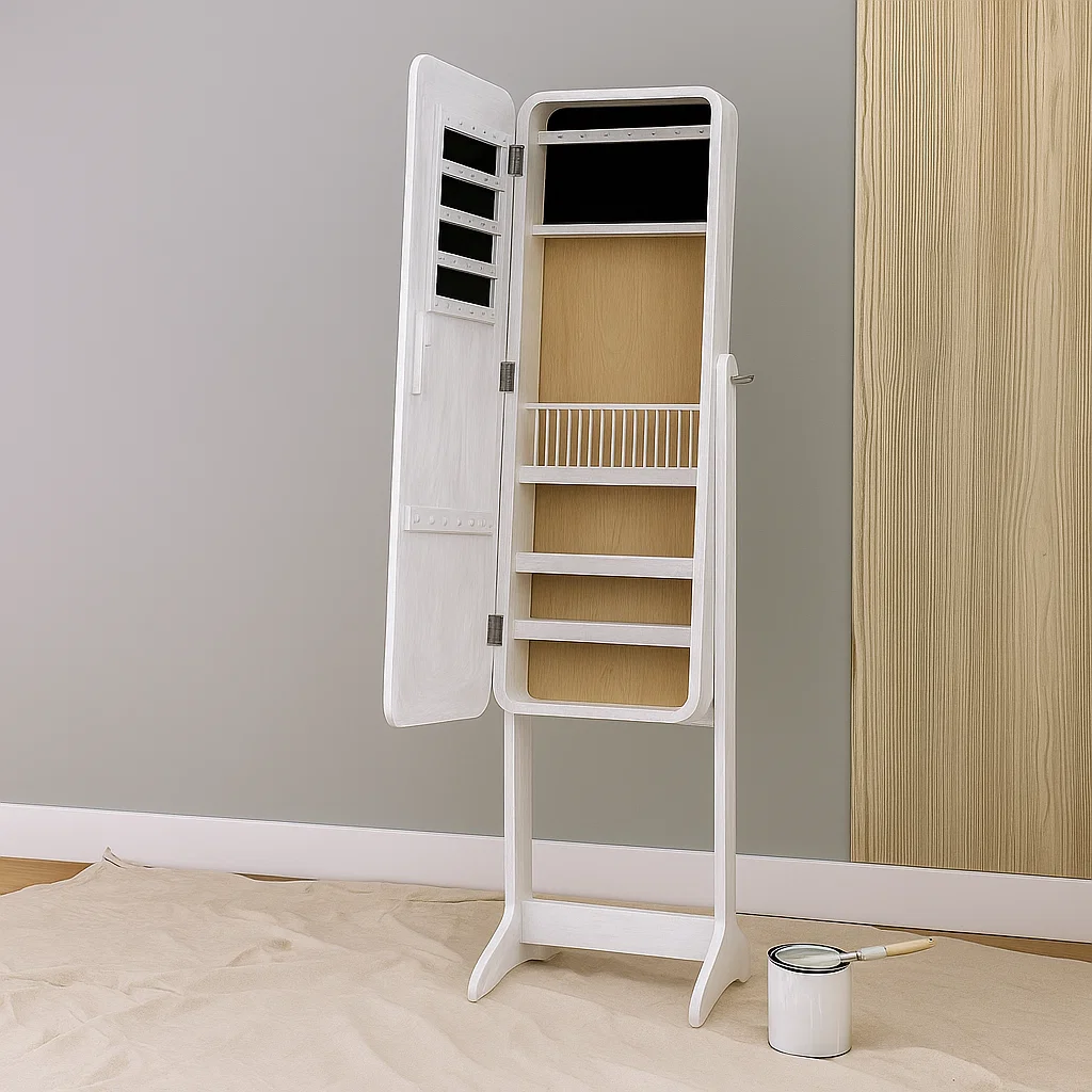 White jewelry armoire partly primed with paint can and brush placed on drop cloth floor.