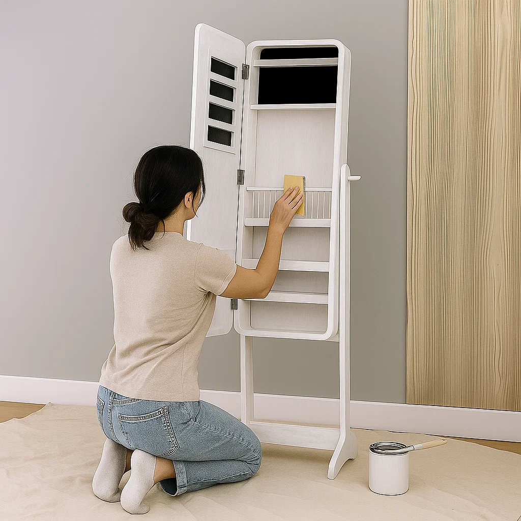 Woman sanding primed jewelry armoire shelves with sandpaper to create smooth paint-ready surface.