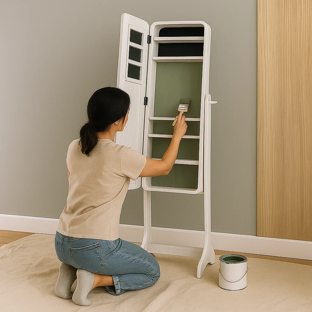 Woman applying green paint with brush inside jewelry armoire shelves while kneeling on floor.