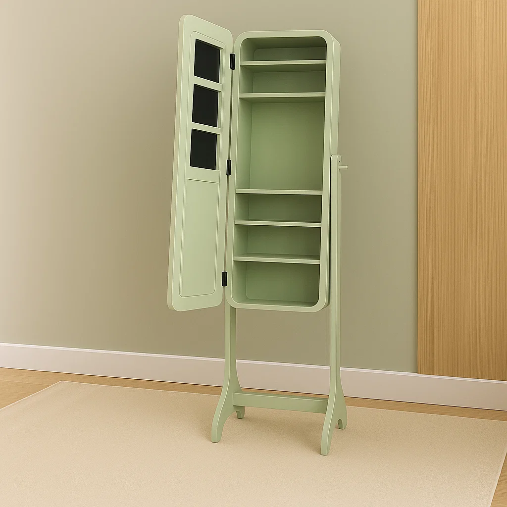 Jewelry armoire fully painted green, standing open with clean shelves and finished smooth look.