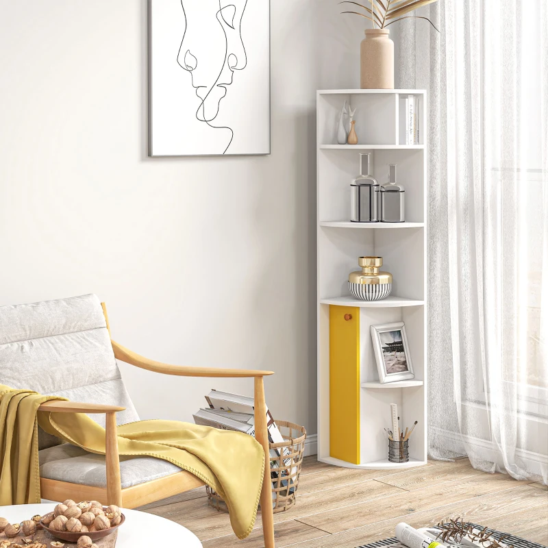 White corner bookcase with decorative vases, books, and framed photo in a bright living room.