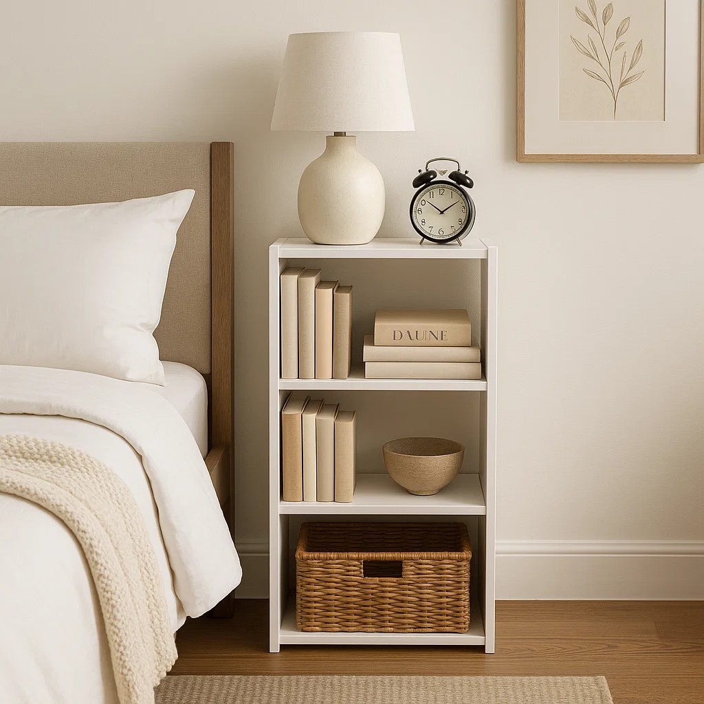 Small white bookshelf beside bed holding books, basket, bowl, and table lamp with clock.