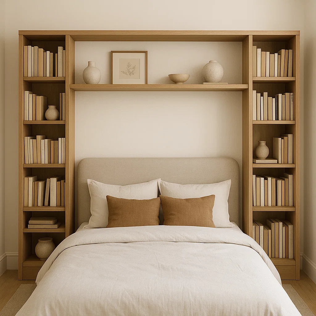 Wooden bookshelf framing bed with overhead shelf, filled with books and decorative vases.