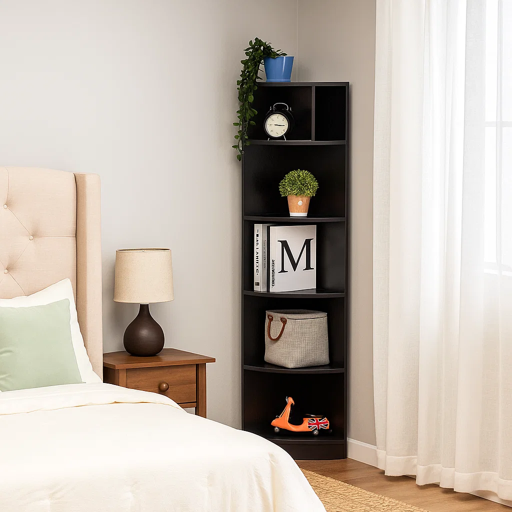 Tall black corner bookshelf beside bed, holding books, plants, clock, and decorative items.