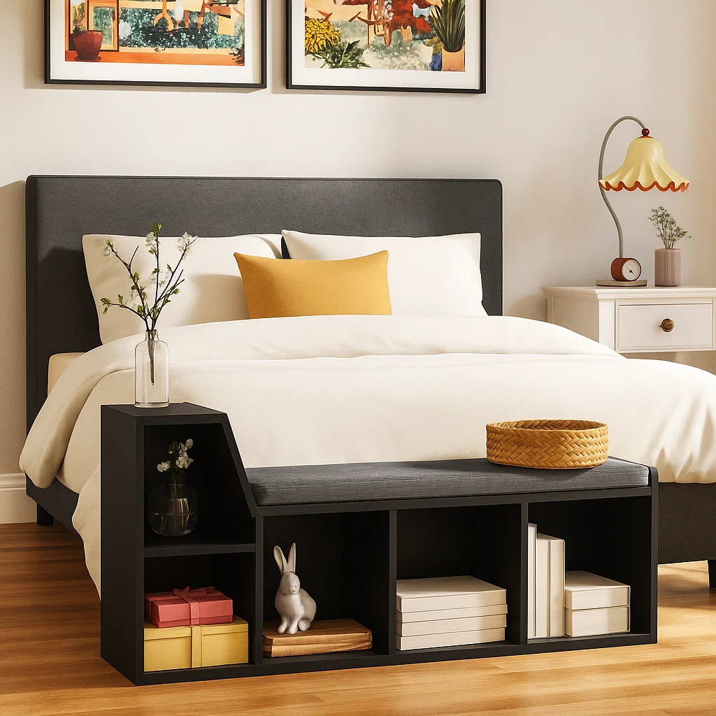 Low black bookshelf with seating cushion placed at foot of bed, styled with books and décor.
