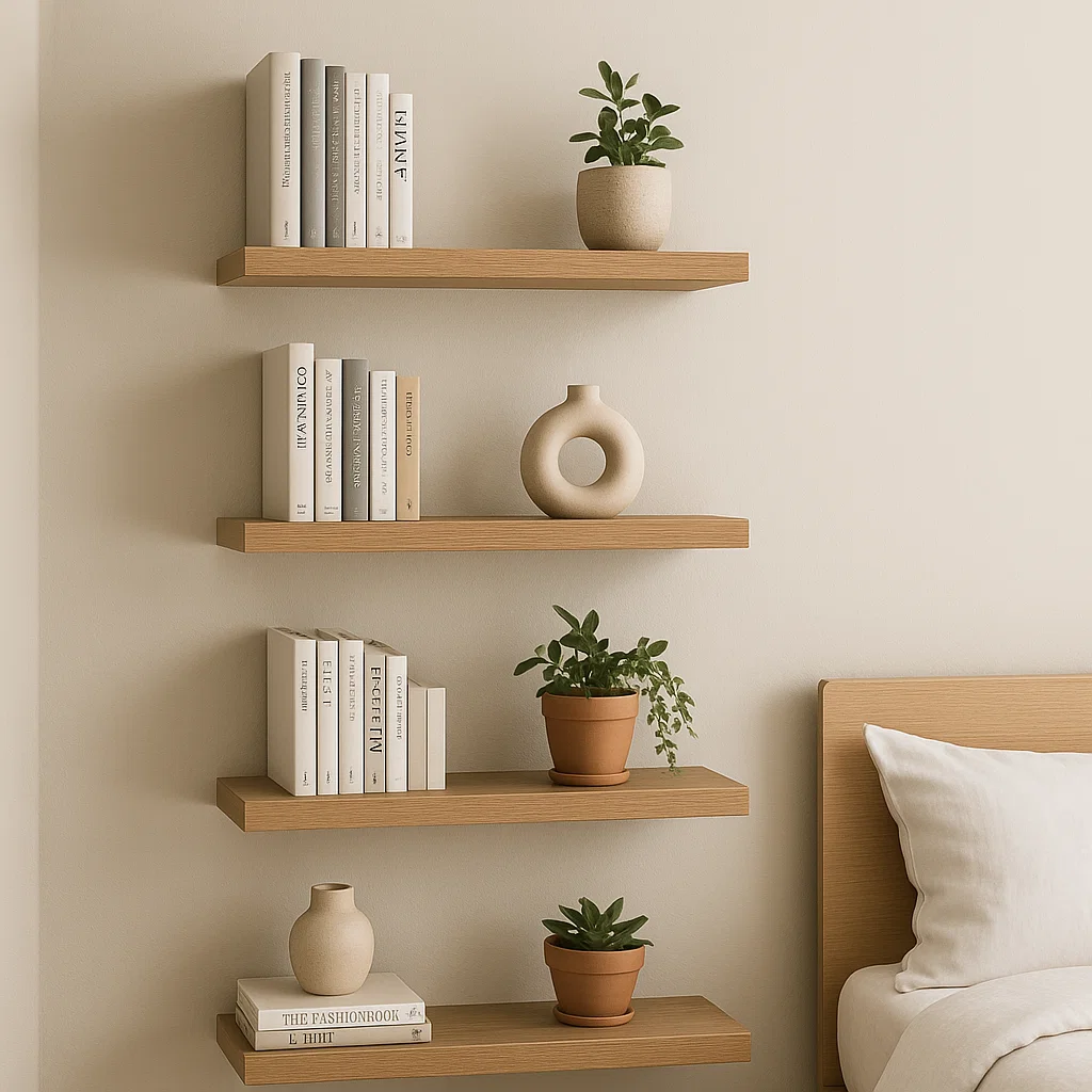 Wooden floating wall shelves with books and potted plants arranged above a bed.