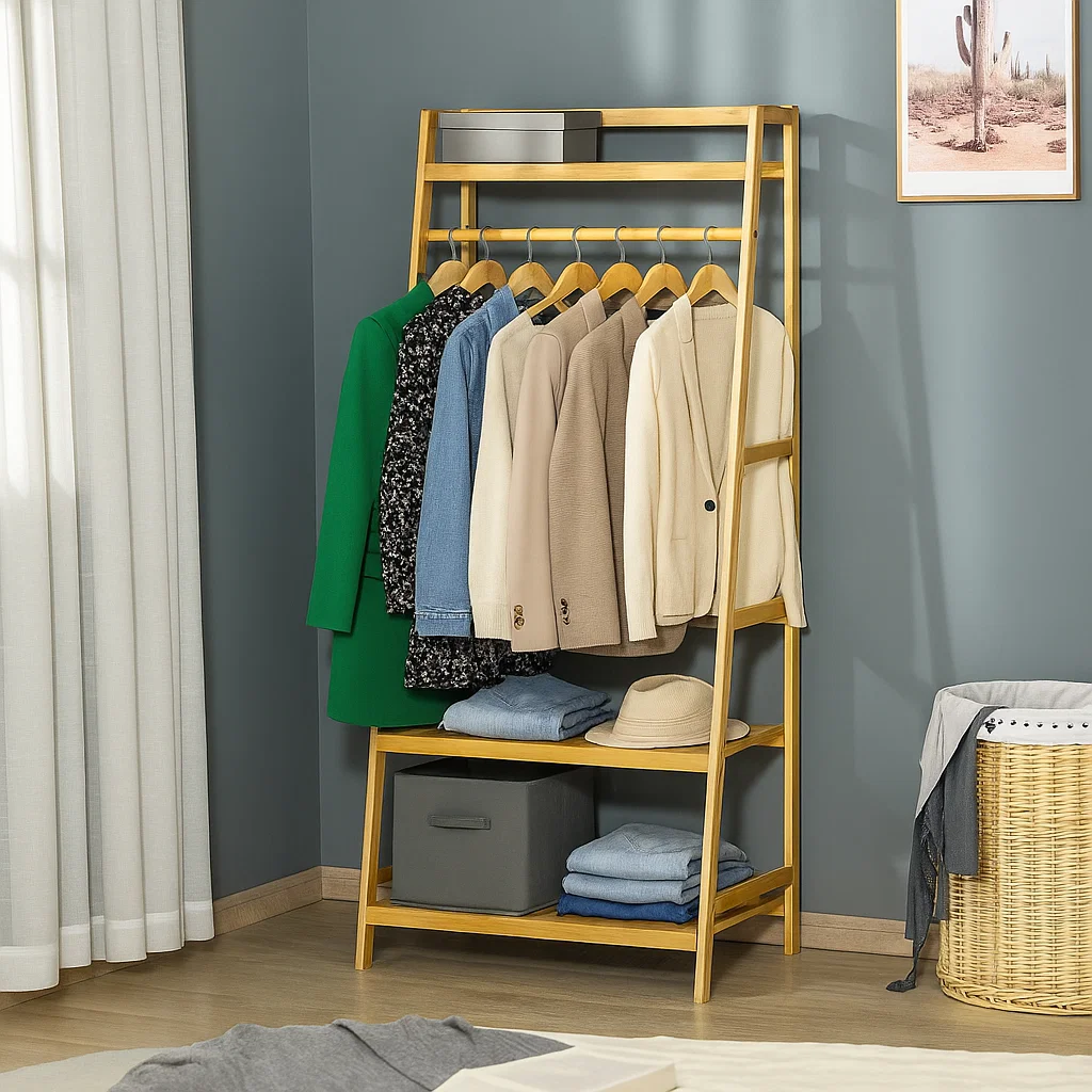 Clothing rack with neatly arranged blazers, coats, and folded clothes showcasing capsule wardrobe organization.