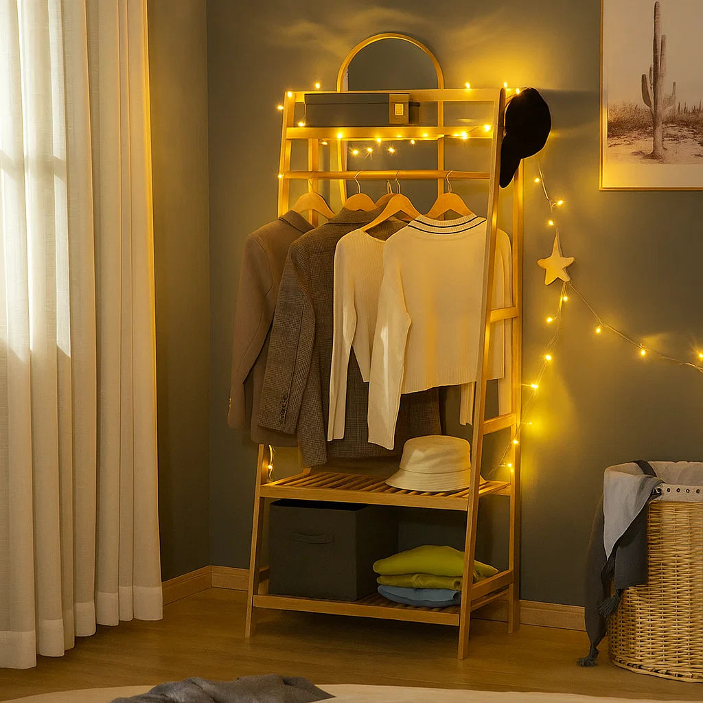 Wooden clothing rack with lights, jackets, hat, and folded clothes styled in a cozy bedroom.