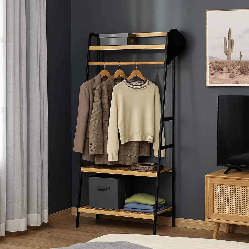 Modern clothing rack with jackets, sweater, and storage boxes matching minimalist bedroom furniture and décor.