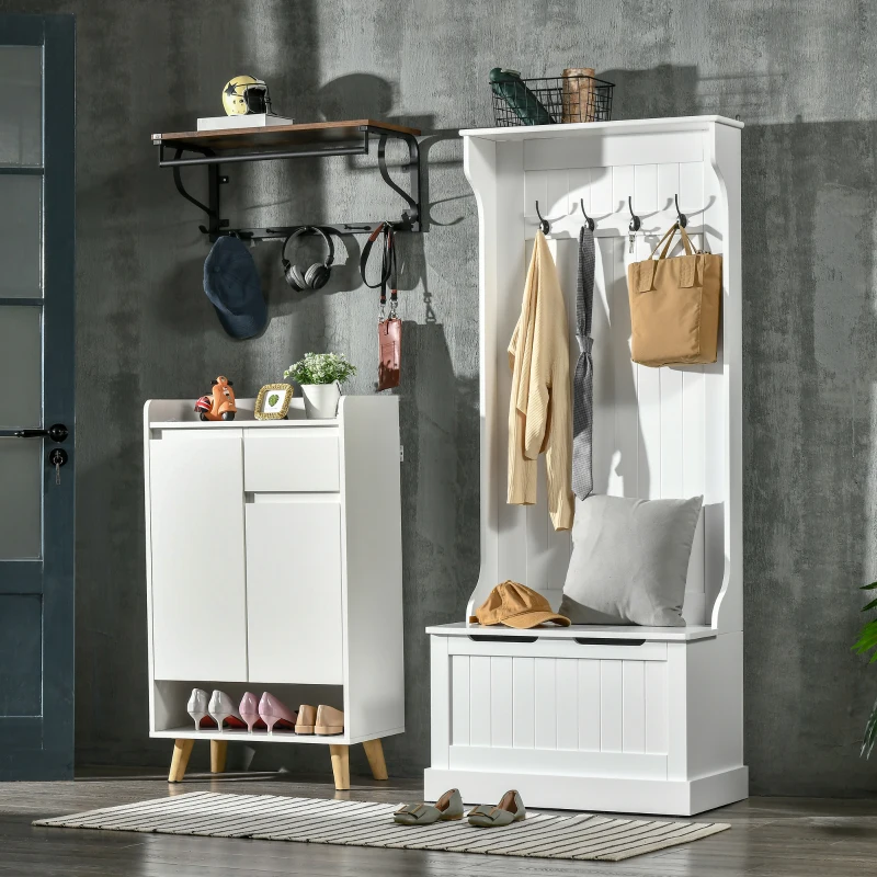 White hall tree with bench, coat hooks, hidden storage, and shoe space in entryway.