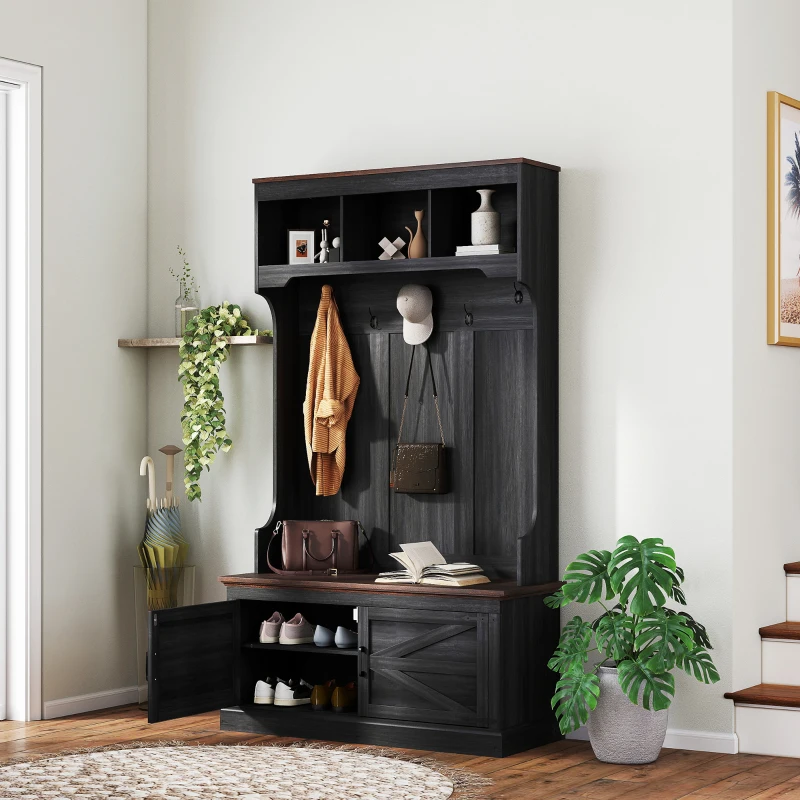 Rustic black farmhouse hall tree with hooks, bench, cubbies, and upper storage shelves.