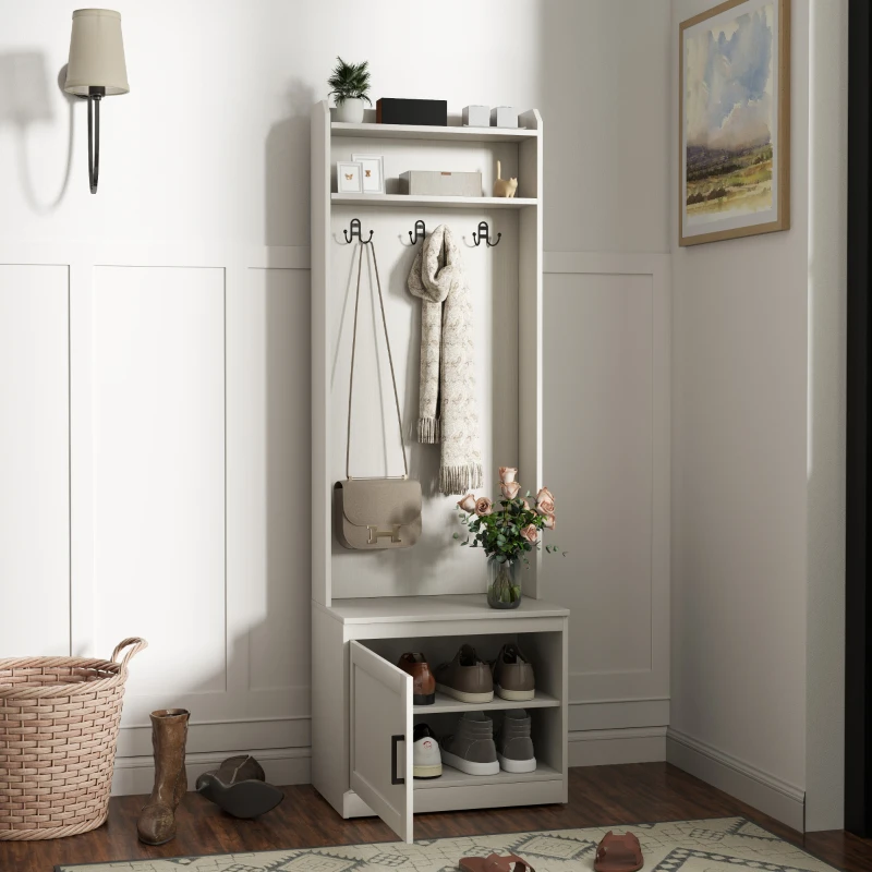 Rustic wood hall tree with shelves, hooks, cushioned bench, and open shoe storage below.