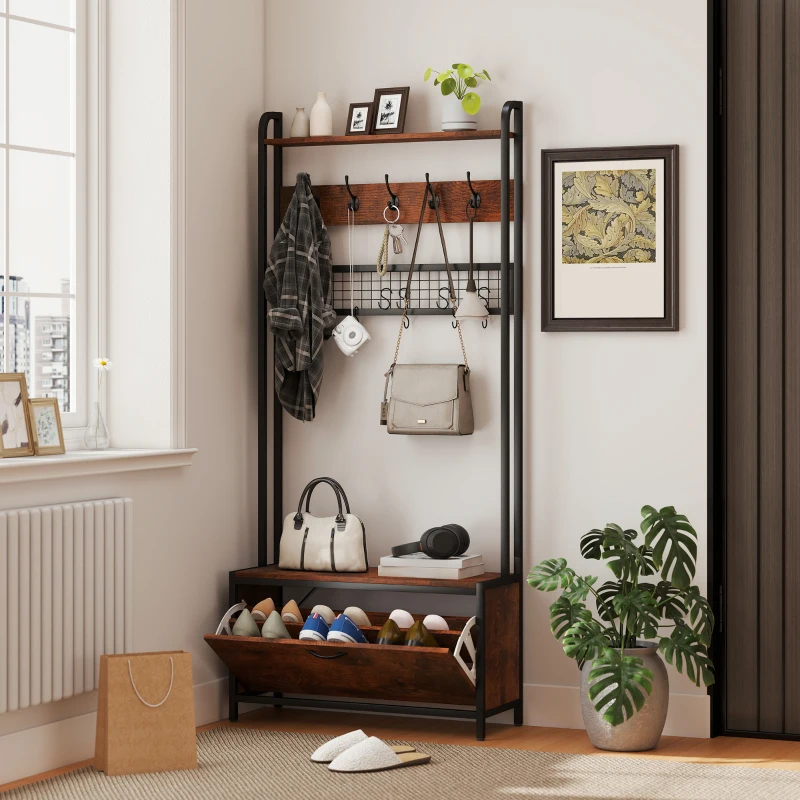 Industrial hall tree with mesh panel, hooks, bench storage, and rustic wood cabinet in entryway.