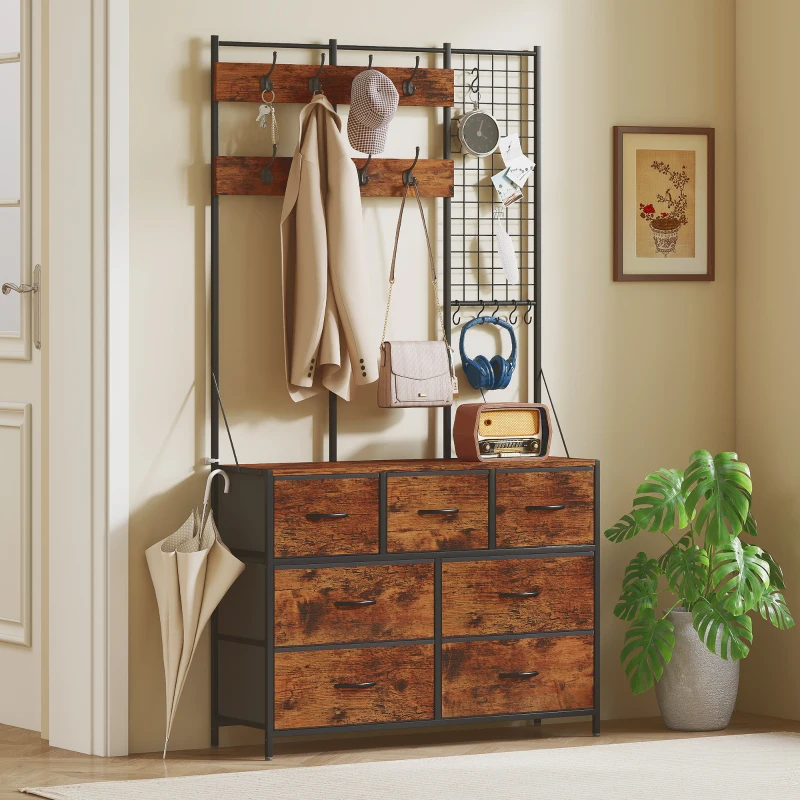 Industrial hall tree with fabric drawers, coat hooks, storage grid, and rustic wood cabinet drawers.