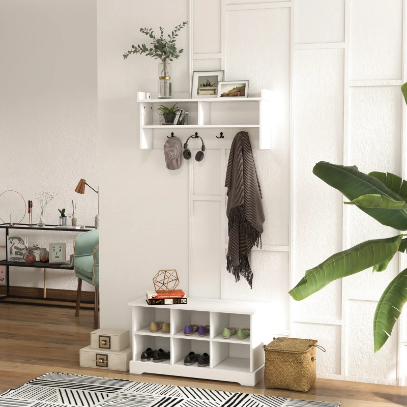White coat rack with cubby shoe storage, hooks, and top shelf for entryway organization.