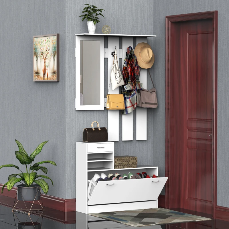  White wall-mounted coat rack with mirror, hooks, shoe cabinet, and storage shelves in entryway.