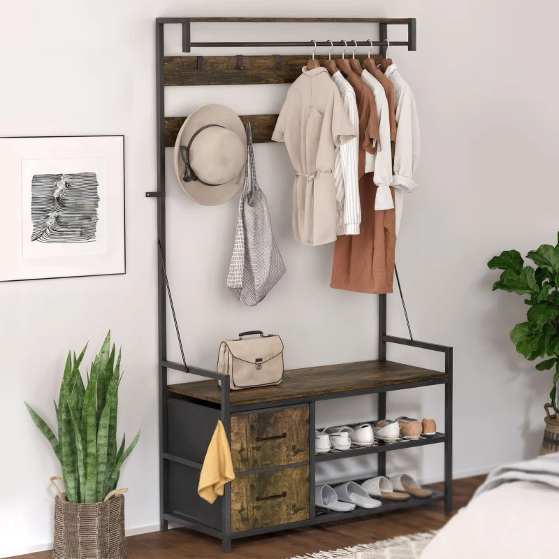 Industrial hall tree with hanging rod, hooks, bench, drawers, and shoe storage in entryway.