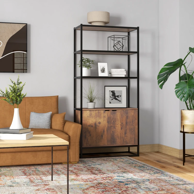 Modern bookshelf styled with books, plants, and framed art in cozy living room.
