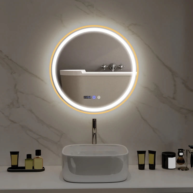 Modern smart LED mirror with built-in time and temperature display above bathroom sink.
