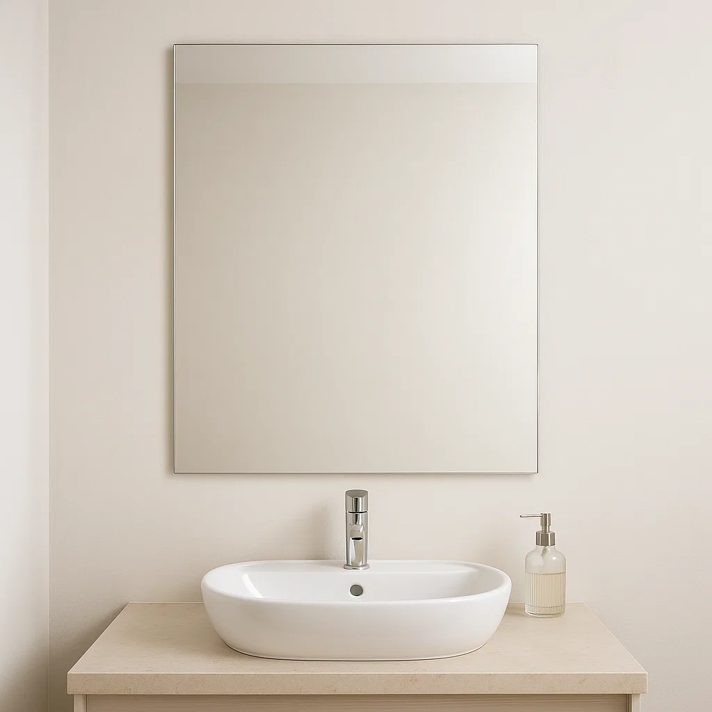 Minimalist frameless rectangular mirror above bathroom sink with soap dispenser on beige countertop.