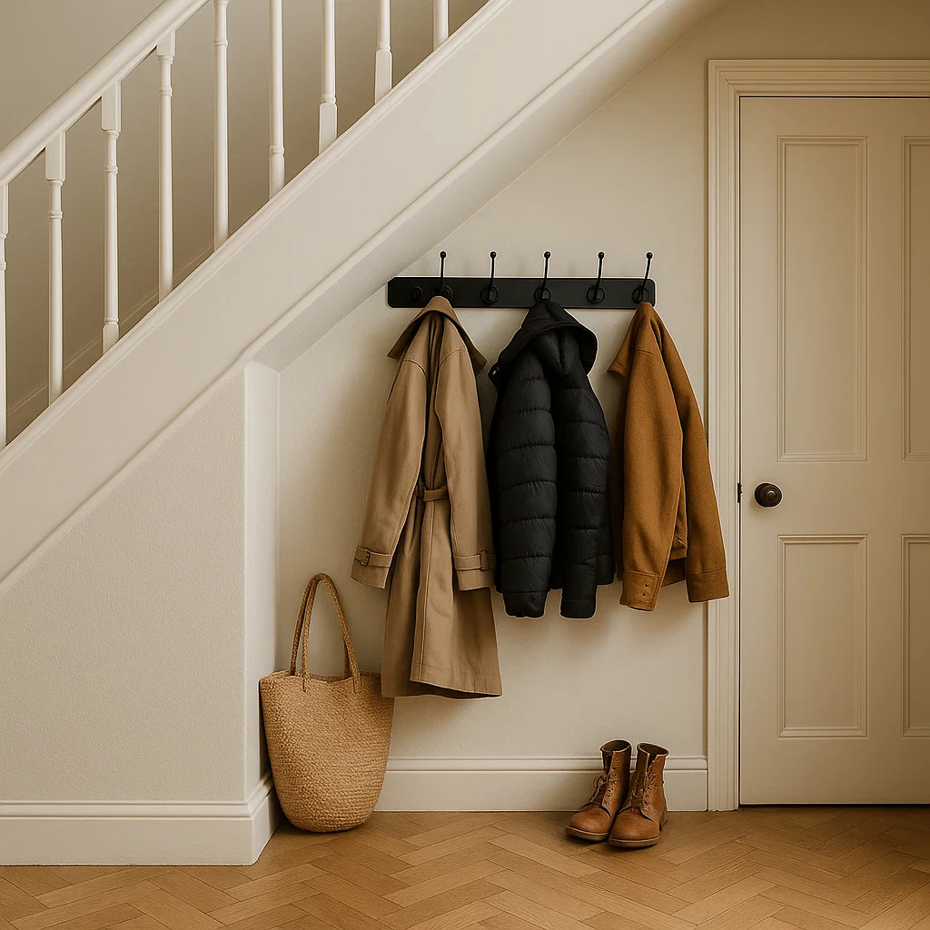 Wall-mounted coat hooks under staircase with coats and boots neatly arranged in hallway corner.