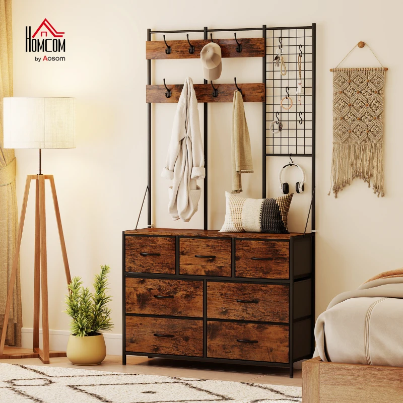 Bedroom storage unit with coat hooks, wooden drawers, and accessories for organized clothing and décor.