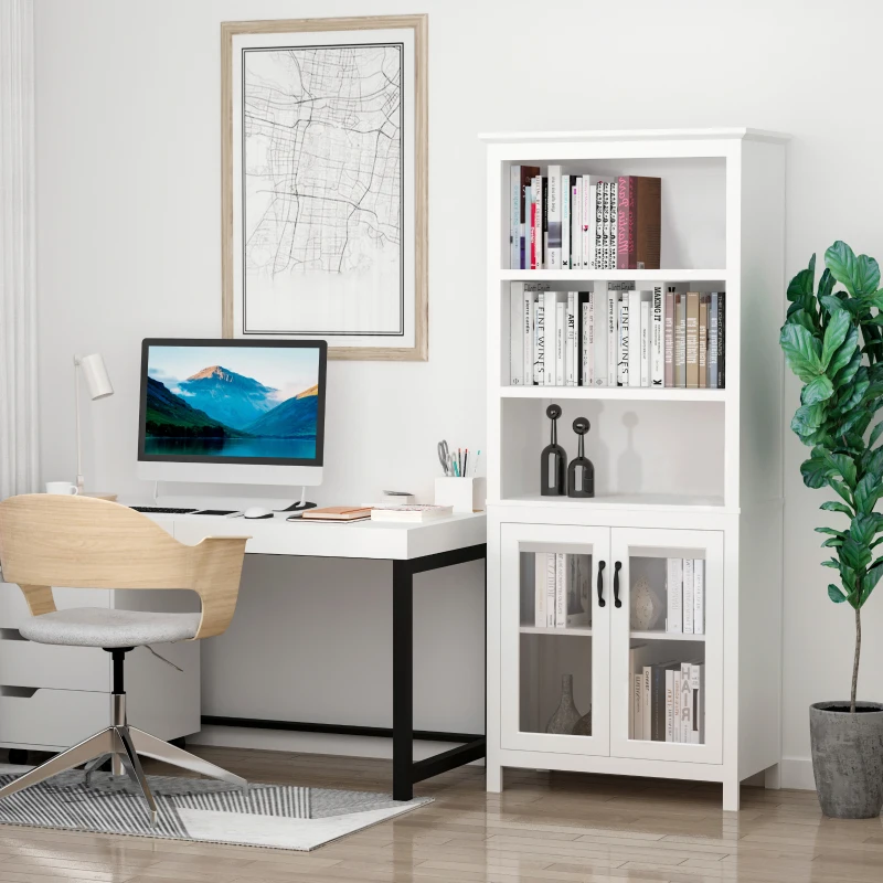White bookshelf in home office with books, glass doors, and minimal decorative objects.