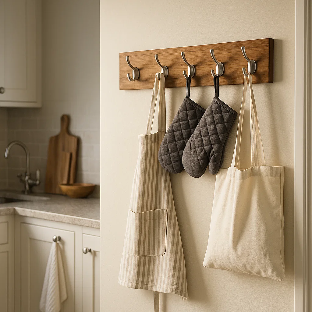 Wooden wall hooks in kitchen holding aprons, oven mitts, and reusable tote bag.