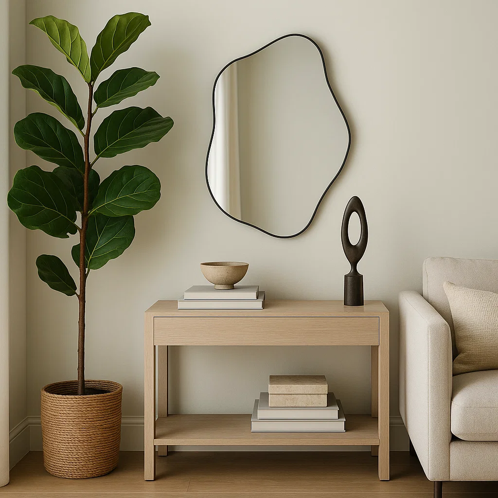 Asymmetrical mirror with console table, stacked books, sculpture, and potted plant.