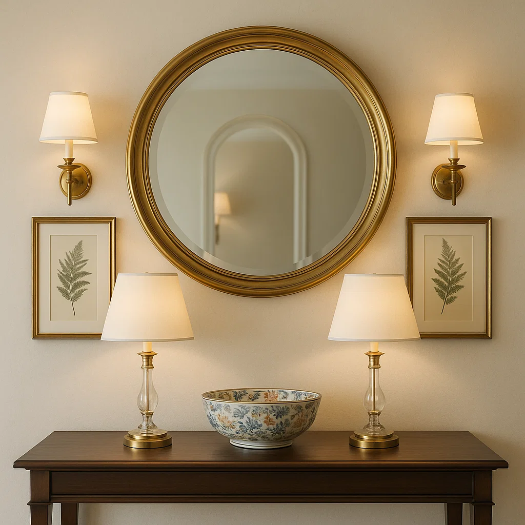 Symmetrical round mirror styled with wall sconces, table lamps, and framed prints.