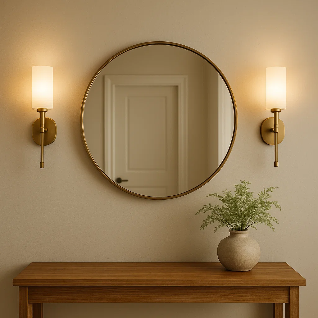 Round wall mirror framed by two sconces above a wooden console with vase.