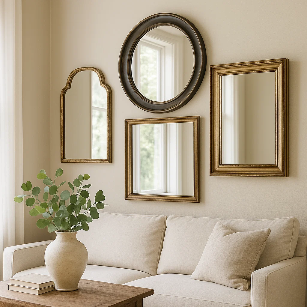 Living room wall decorated with 4 mirrors
