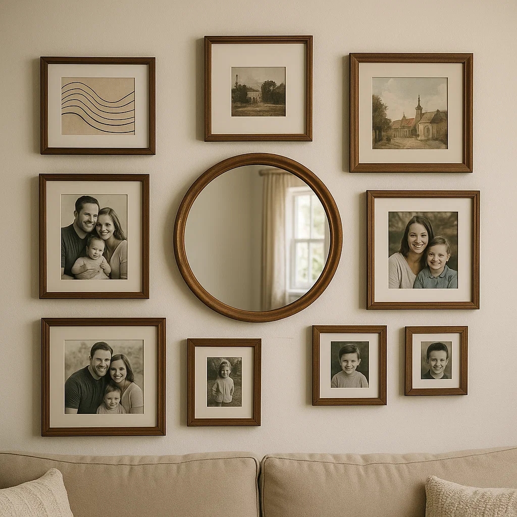 Round mirror surrounded by family photos in wooden frames above sofa.