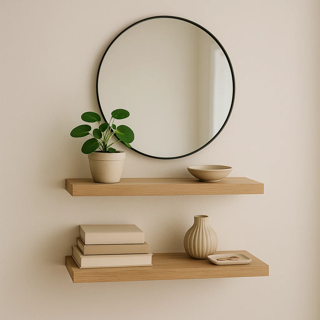 Round mirror above two floating wooden shelves styled with books, vase, bowl, and potted plant.