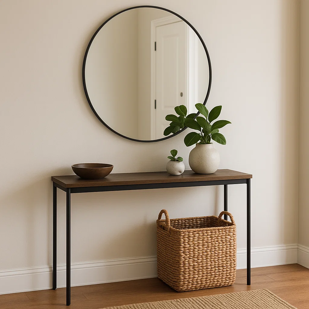 Entryway console table with round mirror, indoor plant, decorative bowls, and basket.