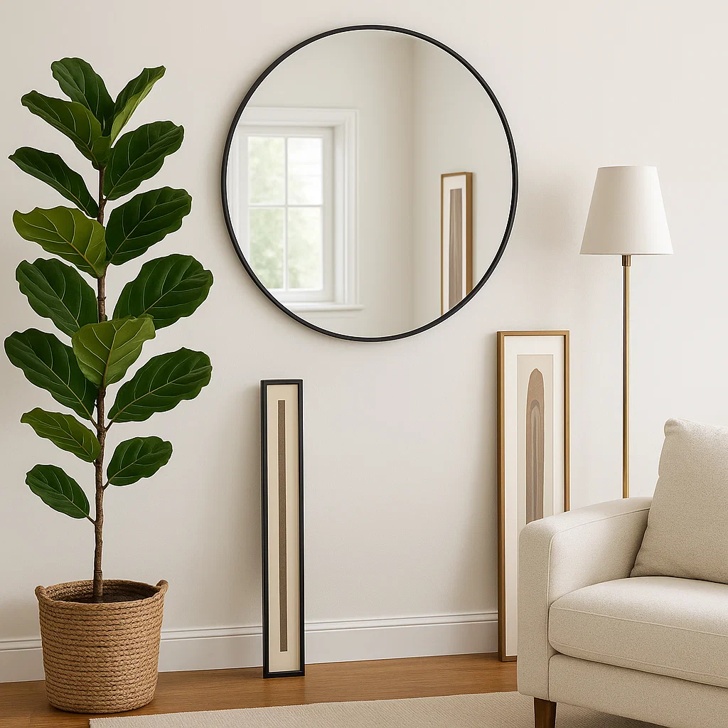 Round wall mirror paired with tall indoor plant, floor lamp, and vertical artwork in living room.
