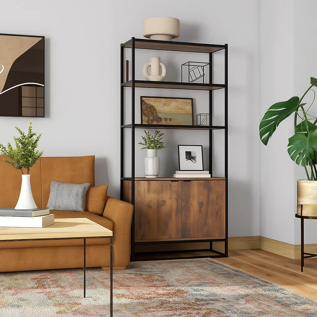 Living room bookshelf styled with bold vases, framed art, and geometric décor for visual balance.