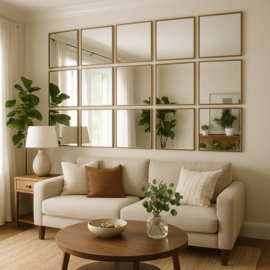 Living room wall decorated with large grid of square mirrors above sofa.