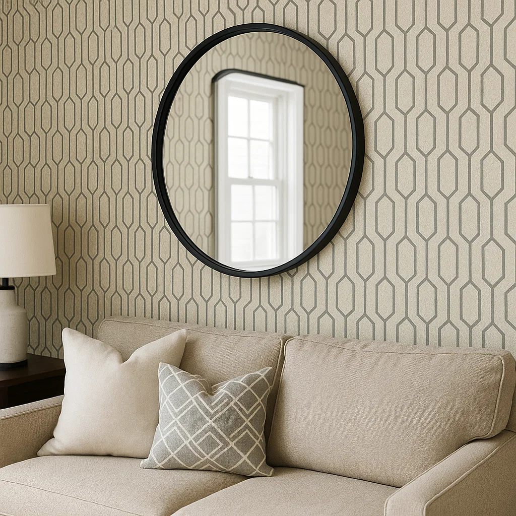 Round wall mirror on patterned wallpaper above beige sofa with cushions and lamp.