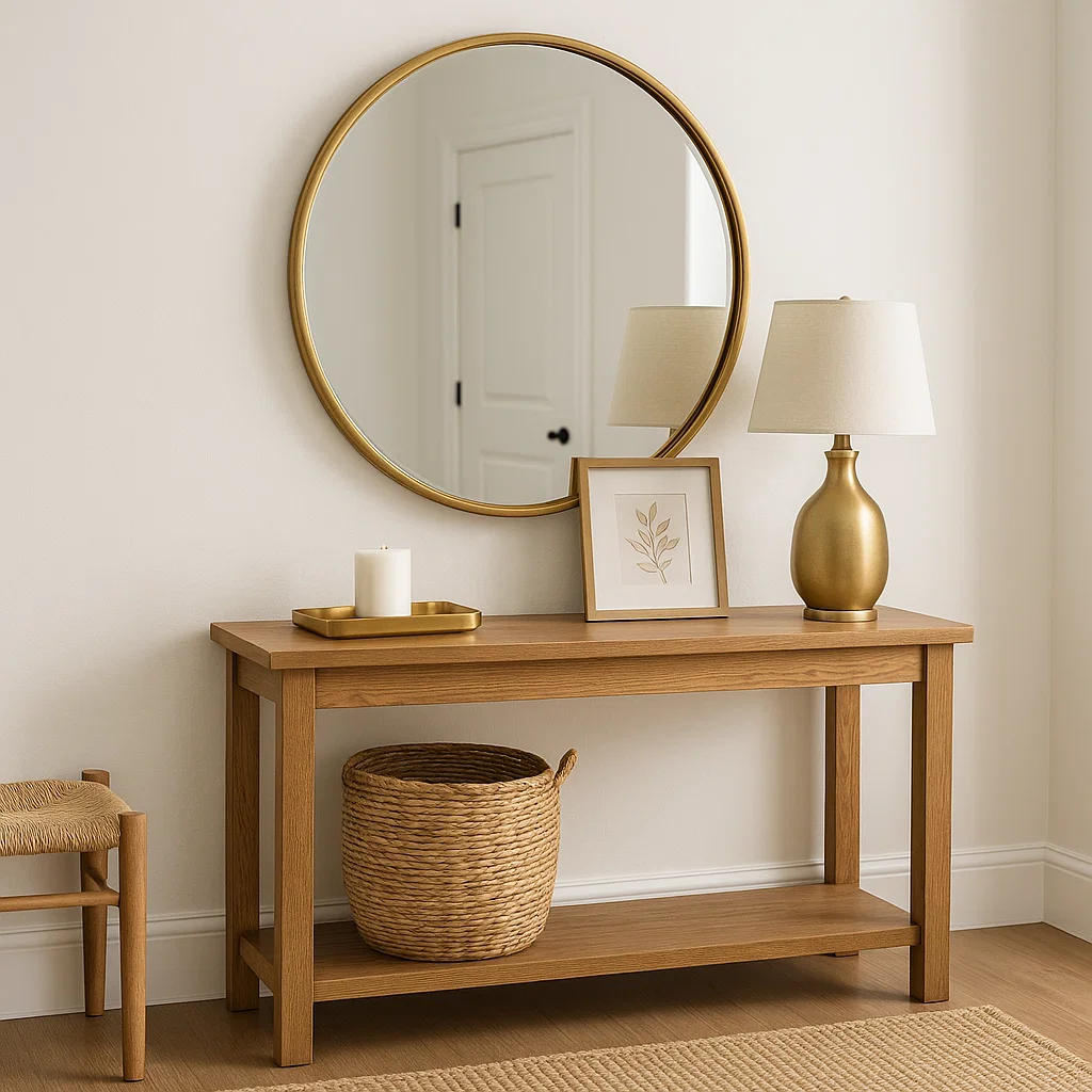 Gold-framed mirror above console table with lamp, framed artwork, and woven basket.